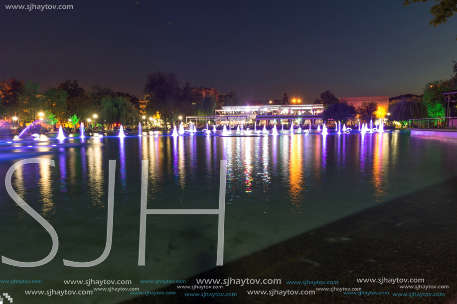 Night panorama of Singing Fountains in City of Plovdiv, Bulgaria
