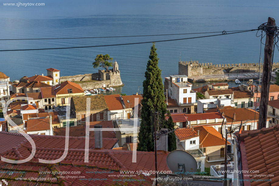 Amazing panorama with Fortification at the port of Nafpaktos town, Western Greece