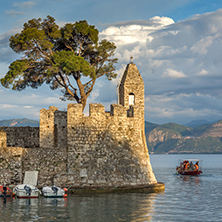 Sunset panorama of Fortification at the port of Nafpaktos town, Western Greece