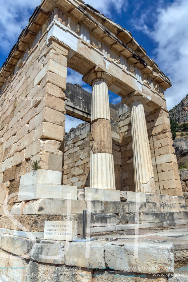 Building of Treasury of Athens in Ancient Greek archaeological site of Delphi, Central Greece