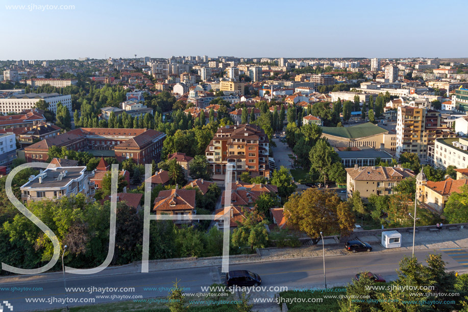 Amazing sunset panorama of City of Haskovo from Monument of Virgin Mary, Bulgaria
