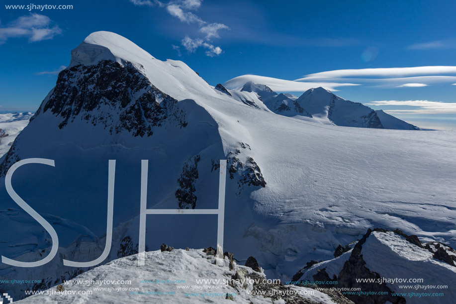 Winter Landscape of swiss Alps and mount Breithorn, Canton of Valais, Switzerland