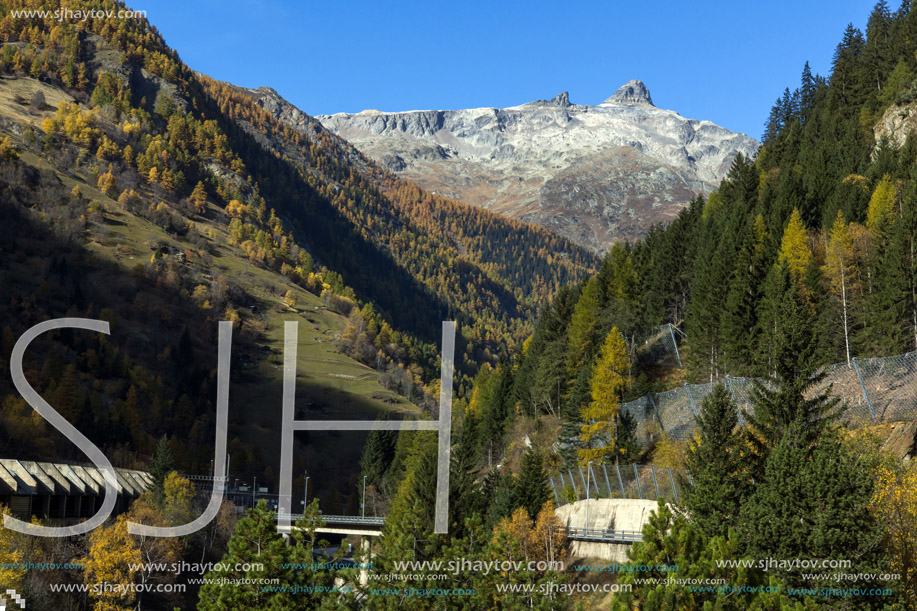 Amazing panorama of Alps and Lotschberg Tunnel under the mountain, Switzerland