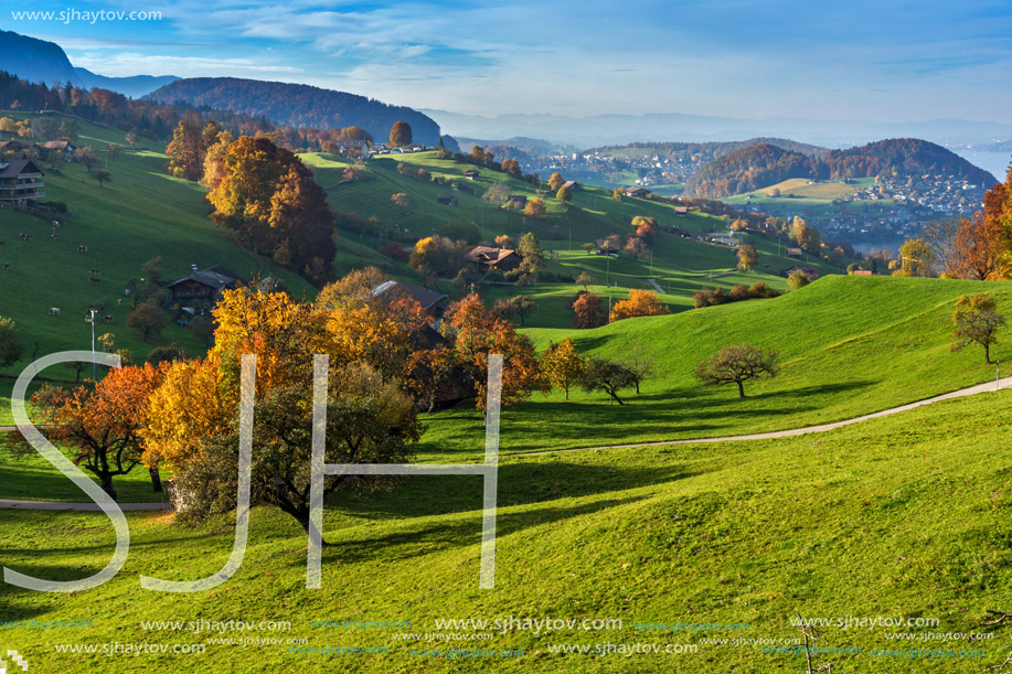 green meadows and typical Switzerland village near town of Interlaken, canton of Bern