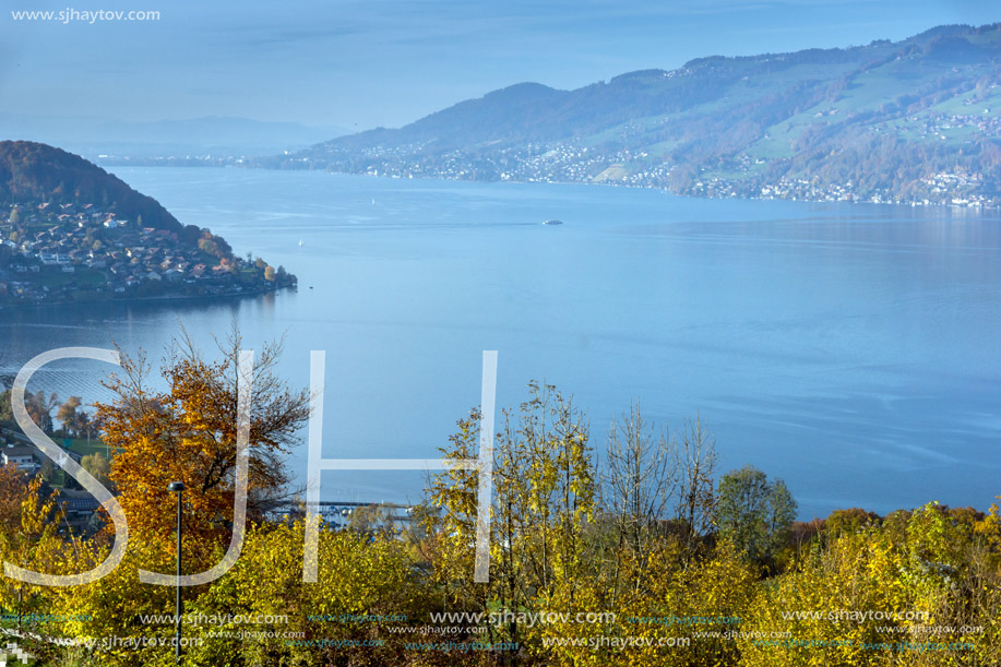 Panoramic view of Lake Thun, Canton of Bern, Switzerland