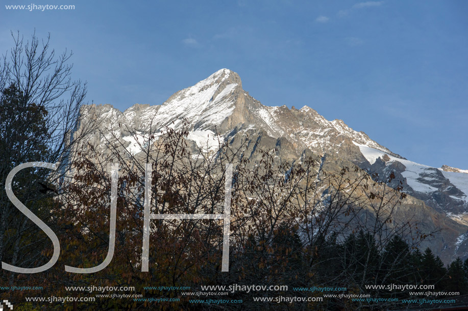 Village of Grindelwald and mount Wetterhornin Alps near town of Interlaken, Switzerland