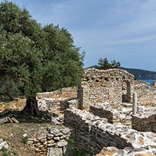 Panorama to Ruins of ancient church in Archaeological site of Aliki, Thassos island,  East Macedonia and Thrace, Greece