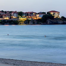 Night photo of old town and beach of Sozopol town, Burgas Region, Bulgaria