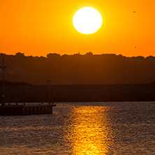 Sunset seascape with boats on the port of Sozopol, Burgas Region, Bulgaria