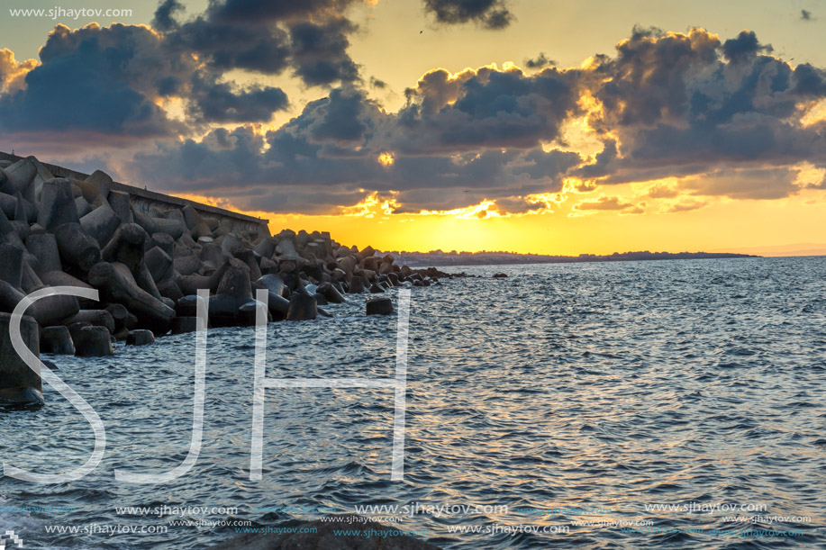 Sunset picture of breakwater of Sozopol Town, Burgas Region, Bulgaria