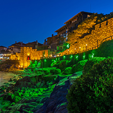 Night photo of ruins of reconstructed gate part of Sozopol ancient fortifications, Bulgaria