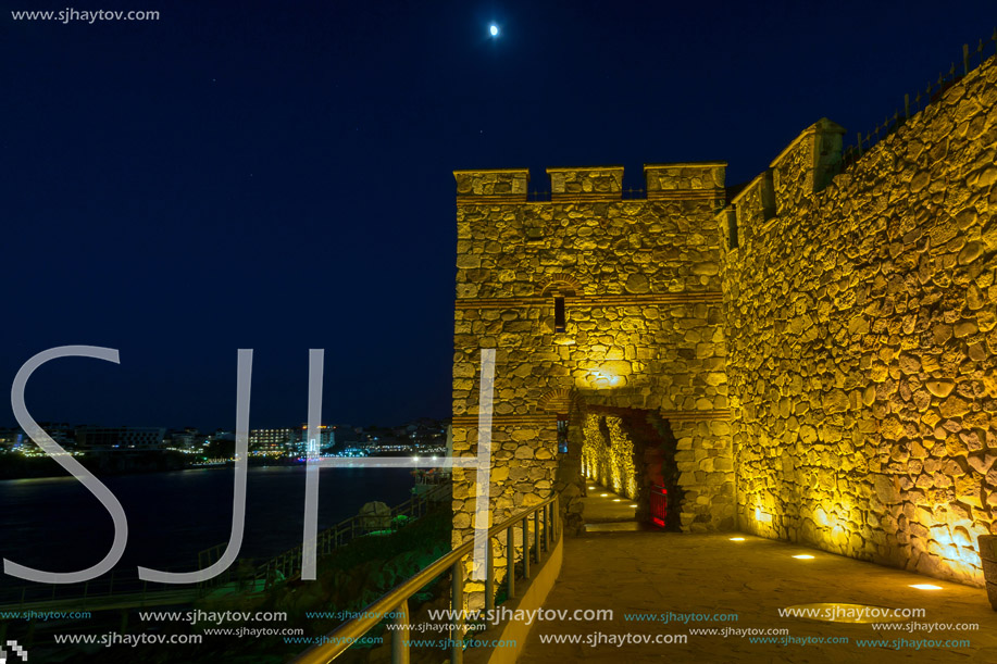 Night photo of ruins of Sozopol ancient fortifications, Burgas Region, Bulgaria