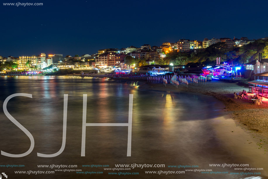 Night photo of beach and new part of Sozopol, Burgas Region, Bulgaria