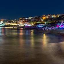 Night photo of beach and new part of Sozopol, Burgas Region, Bulgaria