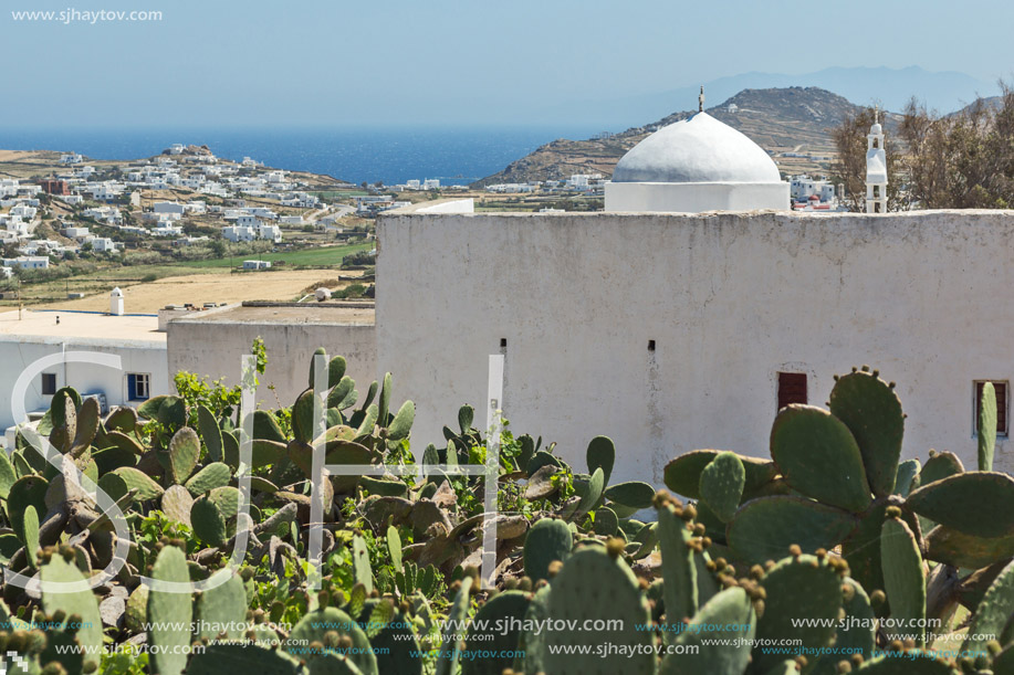 White church and landscape of Mykonos island, Cyclades, Greece