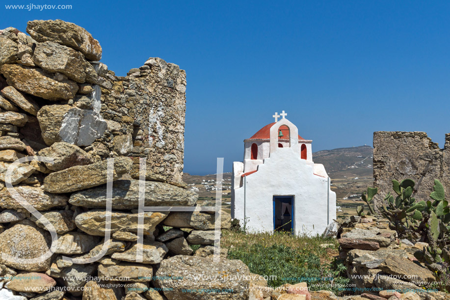 The ruins of a medieval fortress and White church, Mykonos island, Cyclades, Greece