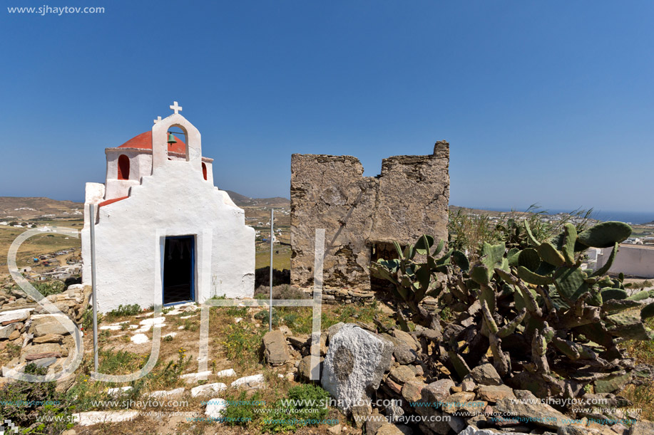 The ruins of a medieval fortress and White church, Mykonos island, Cyclades, Greece