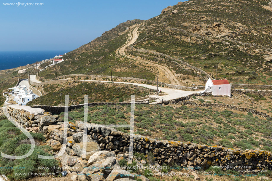 White church and panorama to Mykonos island, Cyclades, Greece