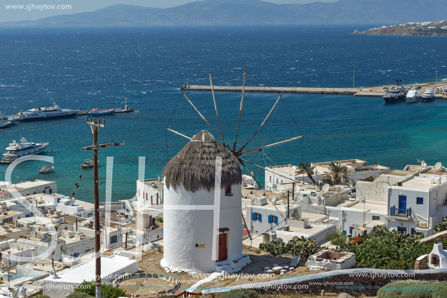 Panoramic view of Aegean sea and island of Mykonos, Cyclades, Greece