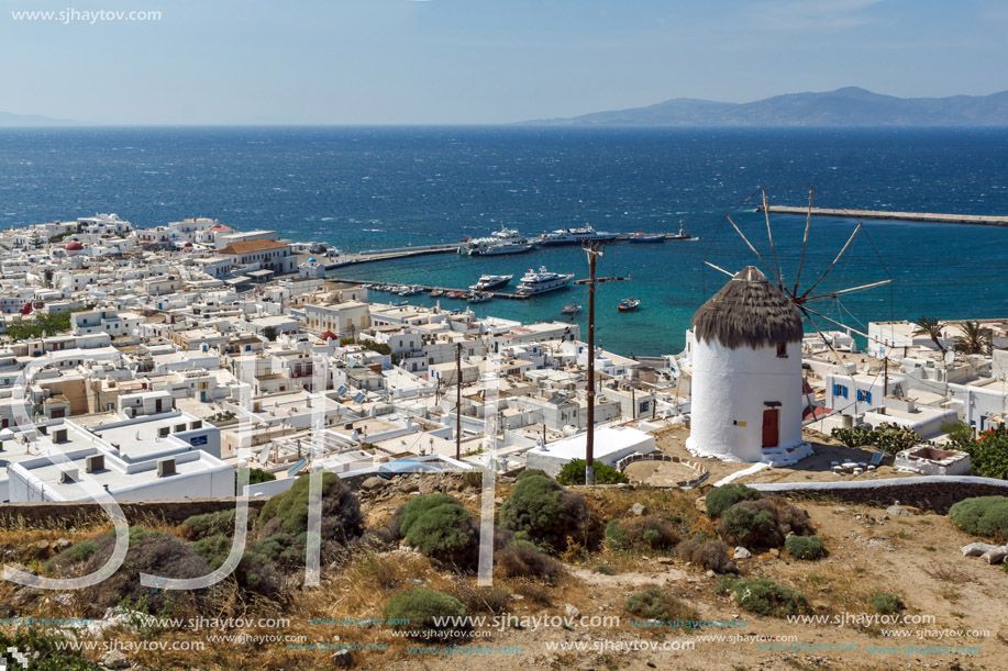 Panoramic view of white windmill and island of Mykonos, Cyclades, Greece