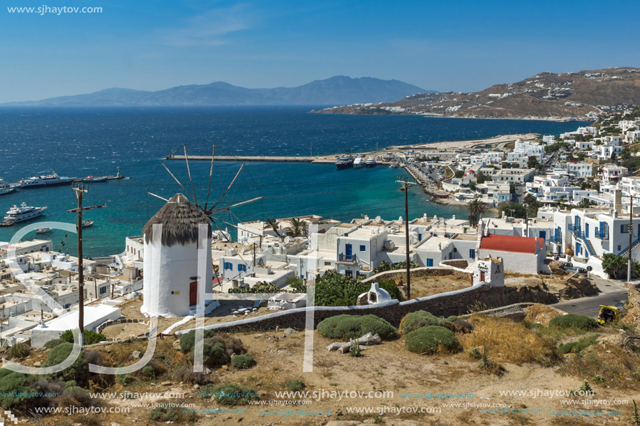 Amazing Panorama of white windmill and island of Mykonos, Cyclades, Greece