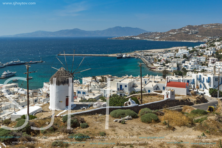 Amazing Panorama of white windmill and island of Mykonos, Cyclades, Greece