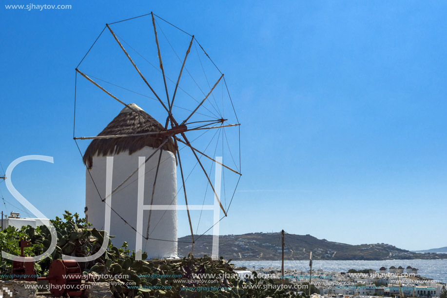 Amazing Panorama of white windmill and island of Mykonos, Cyclades, Greece