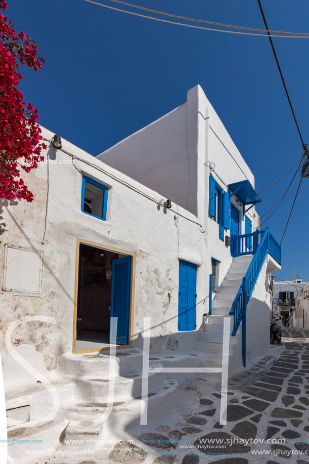white houses in town of Mykonos, Cyclades Islands, Greece