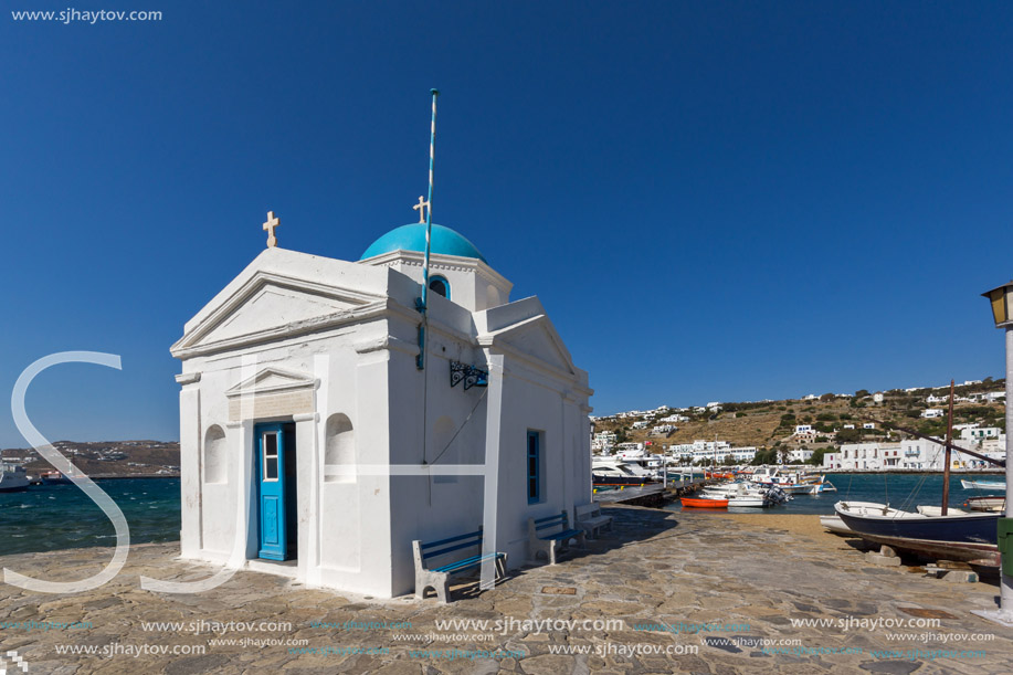 Small orthodox church on the port of town of Mykonos, Cyclades, Greece