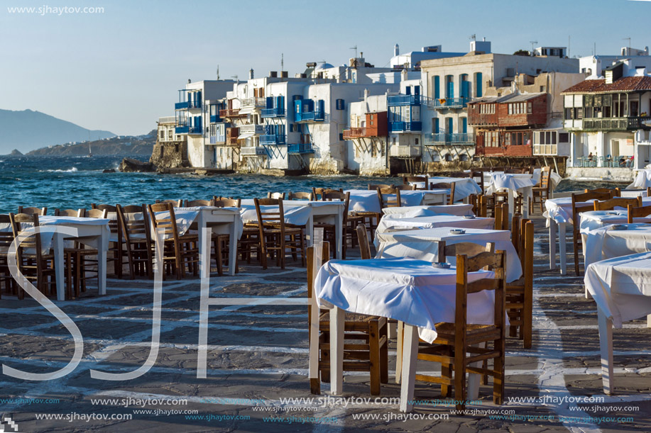 Typical Restaurant and Little Venice at Mykonos, Cyclades Islands, Greece