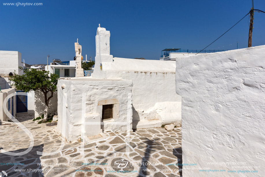 Amazing White chuch and seascape in town of Parakia, Paros island, Cyclades, Greece