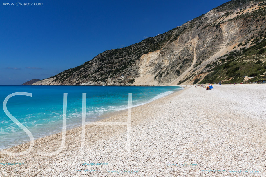 Blue water of beautiful Myrtos beach, Kefalonia, Ionian islands, Greece