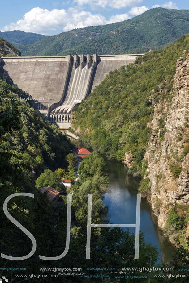 Landscape with Dam of the Vacha (Antonivanovtsy) Reservoir, Rhodopes Mountain, Bulgaria