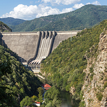 Landscape with Dam of the Vacha (Antonivanovtsy) Reservoir, Rhodopes Mountain, Bulgaria