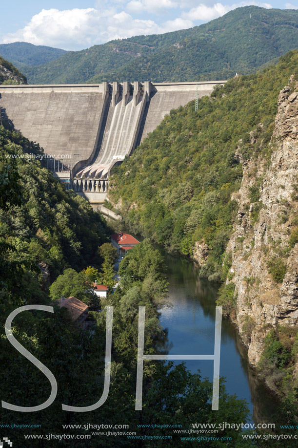 Panoramic view of Dam of the Vacha (Antonivanovtsy) Reservoir, Rhodopes Mountain, Bulgaria