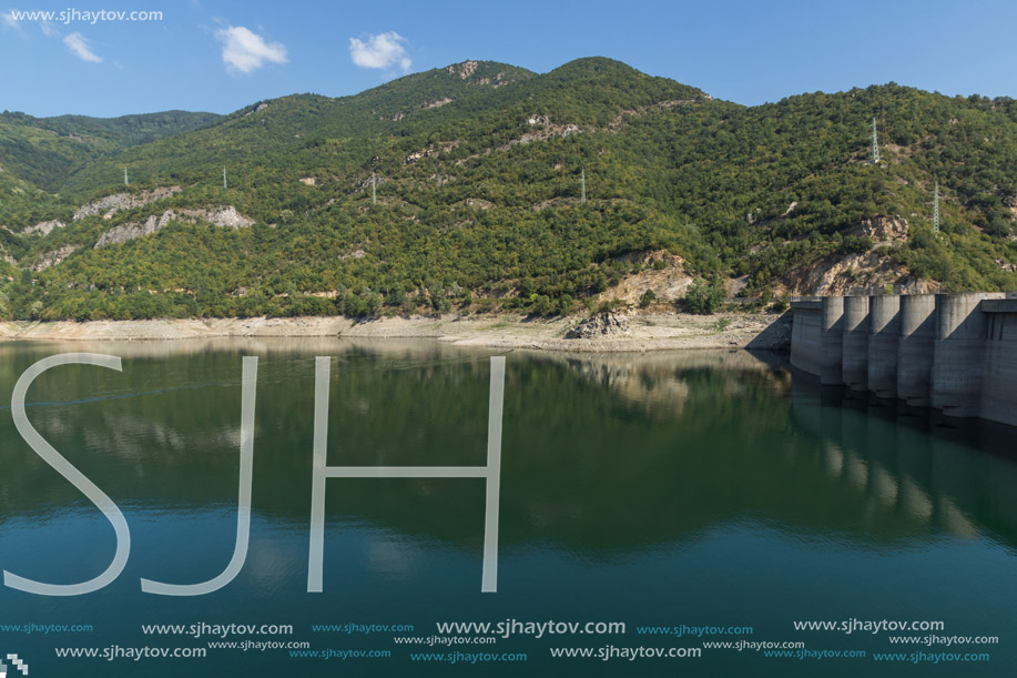 Ladscape with green forest around Vacha (Antonivanovtsy) Reservoir, Rhodopes Mountain, Bulgaria