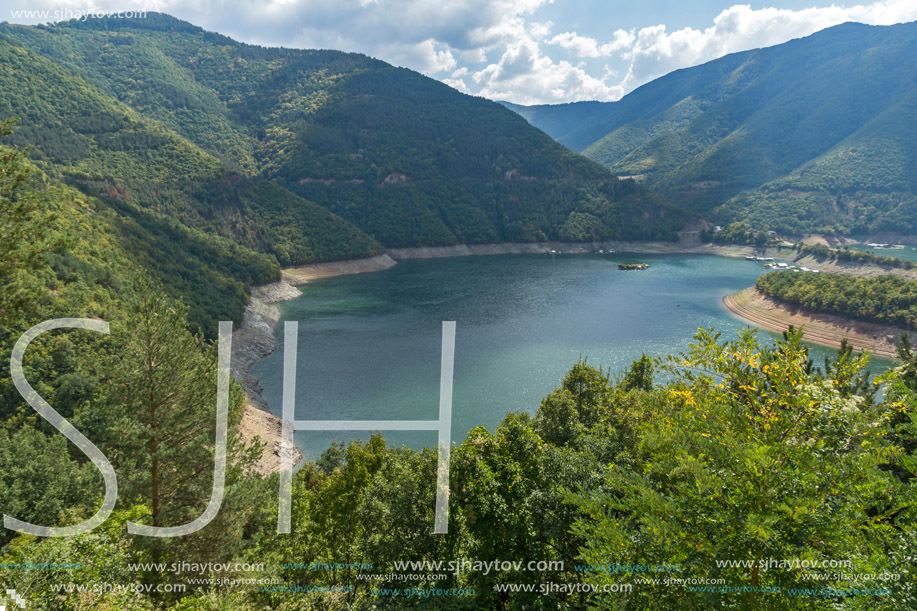 Green forest around Meander of Vacha (Antonivanovtsy) Reservoir, Rhodopes Mountain, Bulgaria