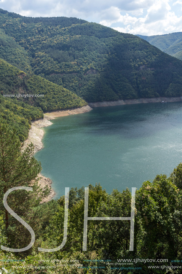 Panoramic view of Meander of Vacha (Antonivanovtsy) Reservoir, Rhodopes Mountain, Bulgaria