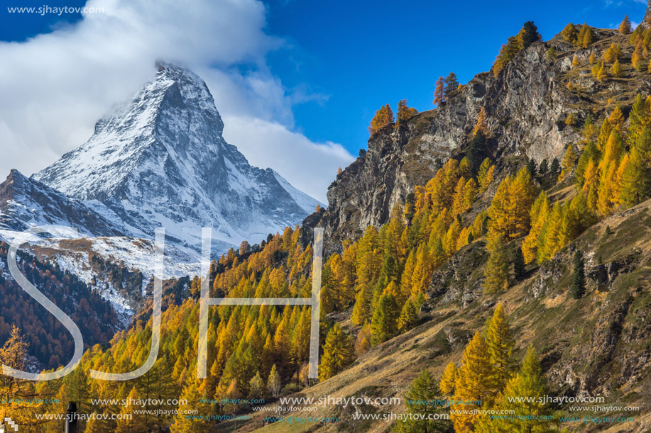 Amazing Autumn view of Mount Matterhorn, Canton of Valais, Switzerland