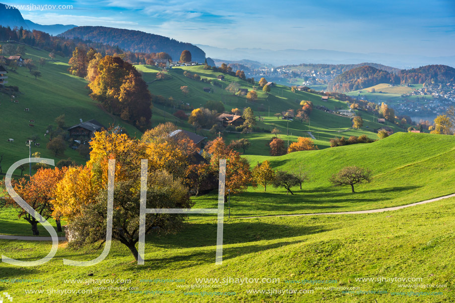 green meadows and typical Switzerland village near town of Interlaken, canton of Bern