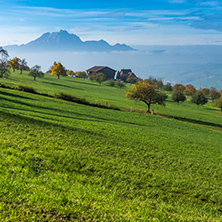 Amazing Panorama of Mount Pilatus and Lake Lucerne covered with frog, Alps, Switzerland