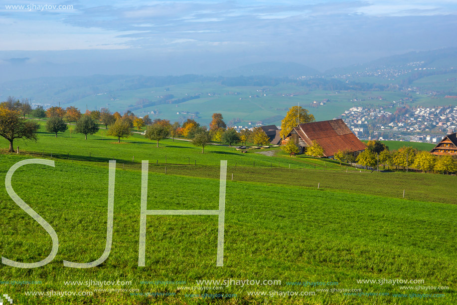 Amazing Panorama of Mount Pilatus and Lake Lucerne covered with frog, Alps, Switzerland