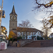 St. Peter Church and autumn trees, City of Zurich, Switzerland
