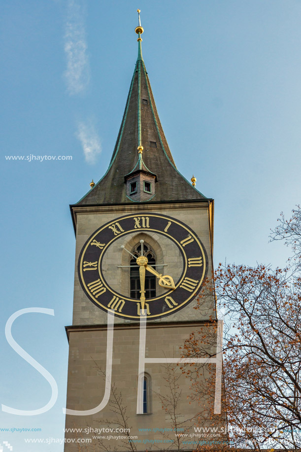 St. Peter Church and autumn trees, City of Zurich, Switzerland