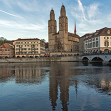 Reflection of Grossmunster church in Limmat River, City of Zurich, Switzerland