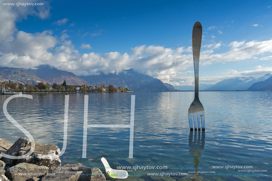 Panorama of Lake Geneva from town of Vevey, canton of Vaud, Switzerland