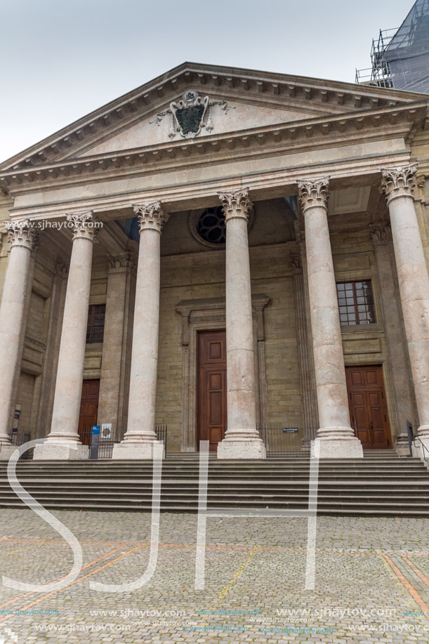 The front view of St. Pierre Cathedral in Geneva, Switzerland