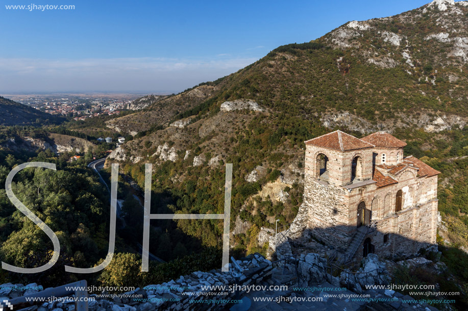Panoramic view of Church of the Holy Mother of God in Asen"s Fortress and town of Asenovgrad, Plovdiv Region, Bulgaria