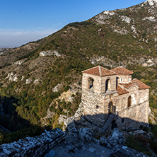 Panoramic view of Church of the Holy Mother of God in Asen"s Fortress and town of Asenovgrad, Plovdiv Region, Bulgaria