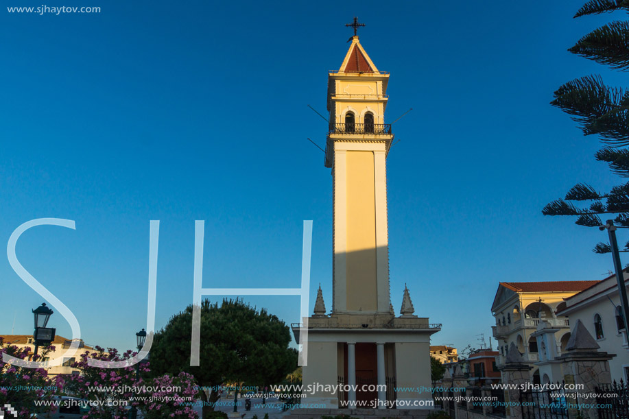 Sunset view of bell tower of Cathedral of Saint Dionysios in Zakynthos City, Greece